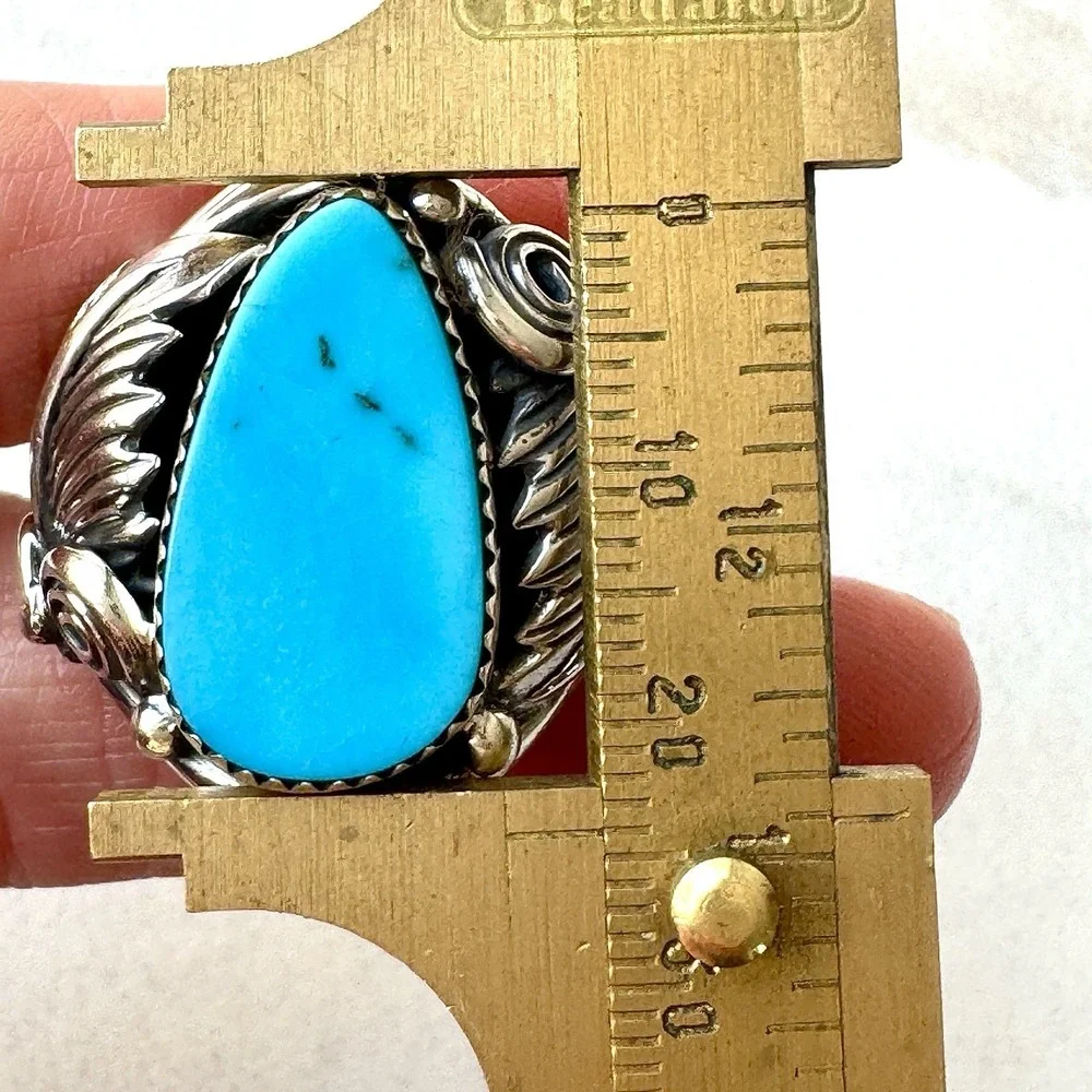 Navajo Turquoise Mens Ring Sz 12 Leaf Feather Signed Morgan Sterling Native Amer